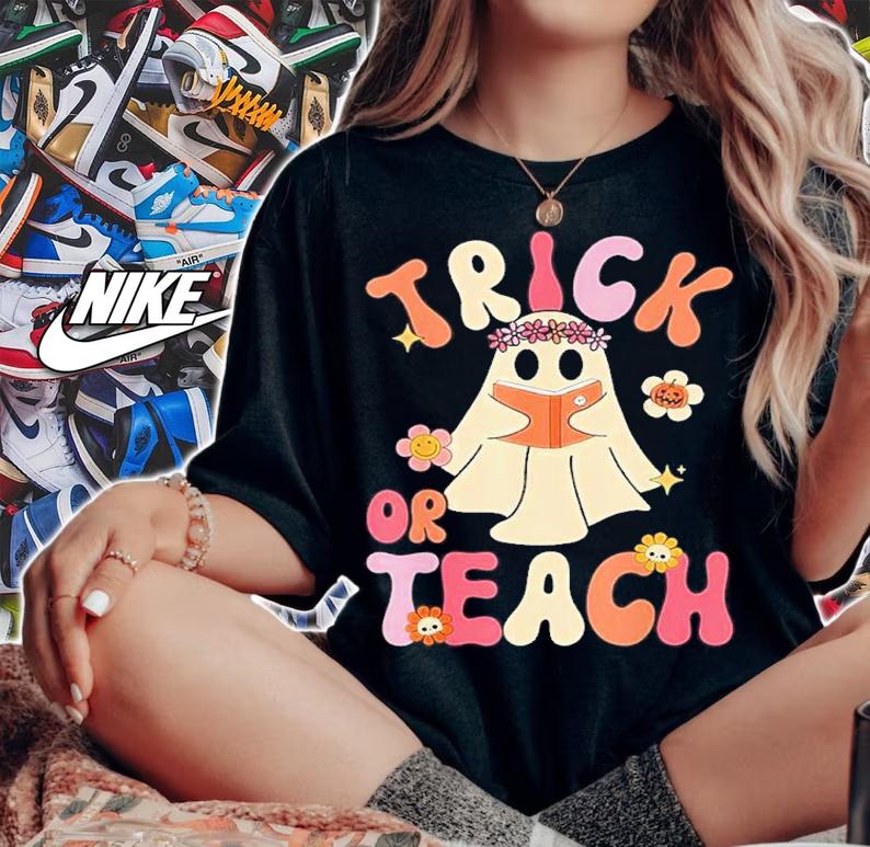 Teacher Halloween Groovy Halloween Trick Or Teach Retro Floral Ghost Shirt t-shirt woman shirt