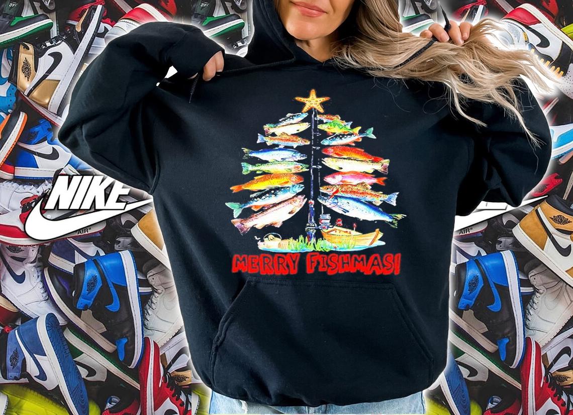 Merry Fishmas Funny Christmas Tree Lights Fish Fishing Rod Shirt t-shirt
