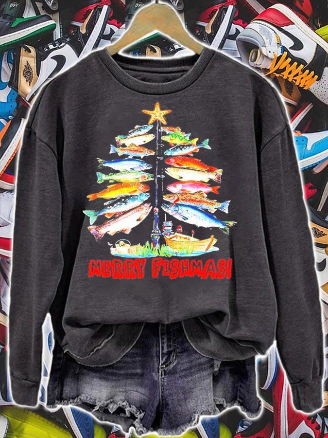 Merry Fishmas Funny Christmas Tree Lights Fish Fishing Rod Shirt t-shirt