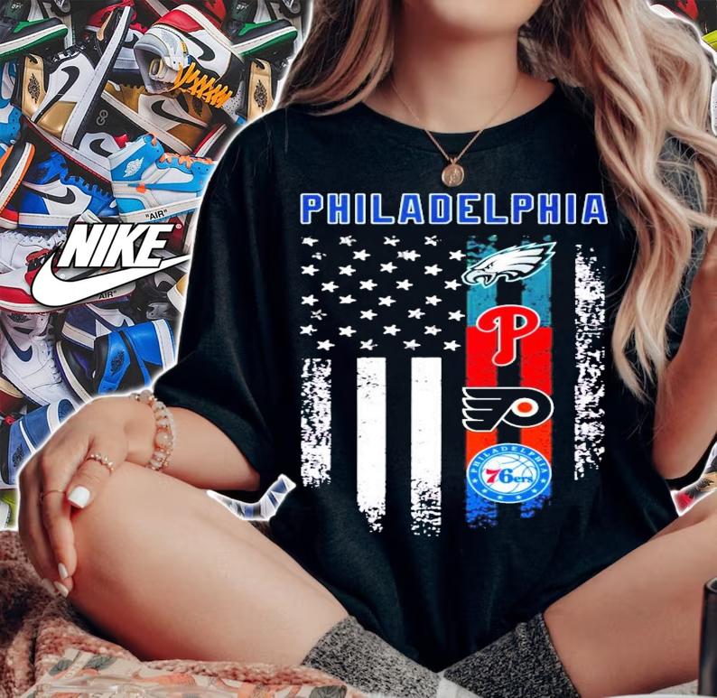 Philadelphia Eagles Phillies Flyers 76ers American flag shirt t-shirt