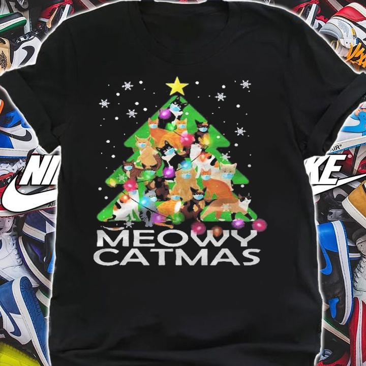 Meowy Catmas Christmas Tree Cats Wear Mask Xmas Cat Lover Shirt t-shirt