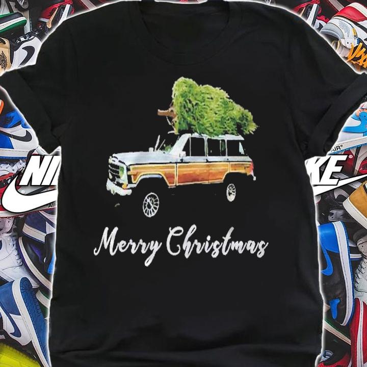Womens Vintage Surf Wagon Xmas Merry Christmas Tree On A Truck Shirt shirt