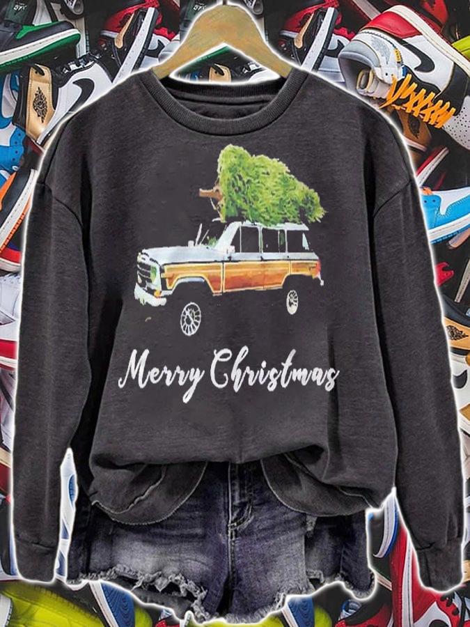 Womens Vintage Surf Wagon Xmas Merry Christmas Tree On A Truck Shirt sweatshirt