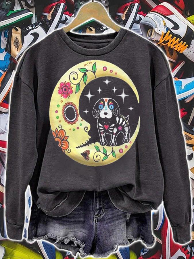Dog & Moon Sugar Skull Dia De Los Muertos Day Of Dead Funny Shirt sweatshirt