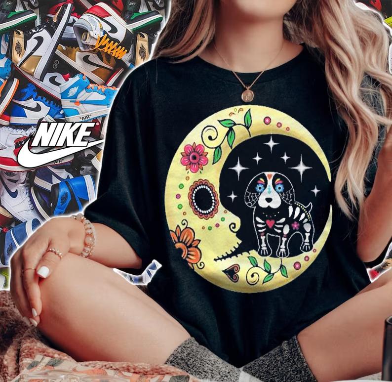 Dog & Moon Sugar Skull Dia De Los Muertos Day Of Dead Funny Shirt woman shirt