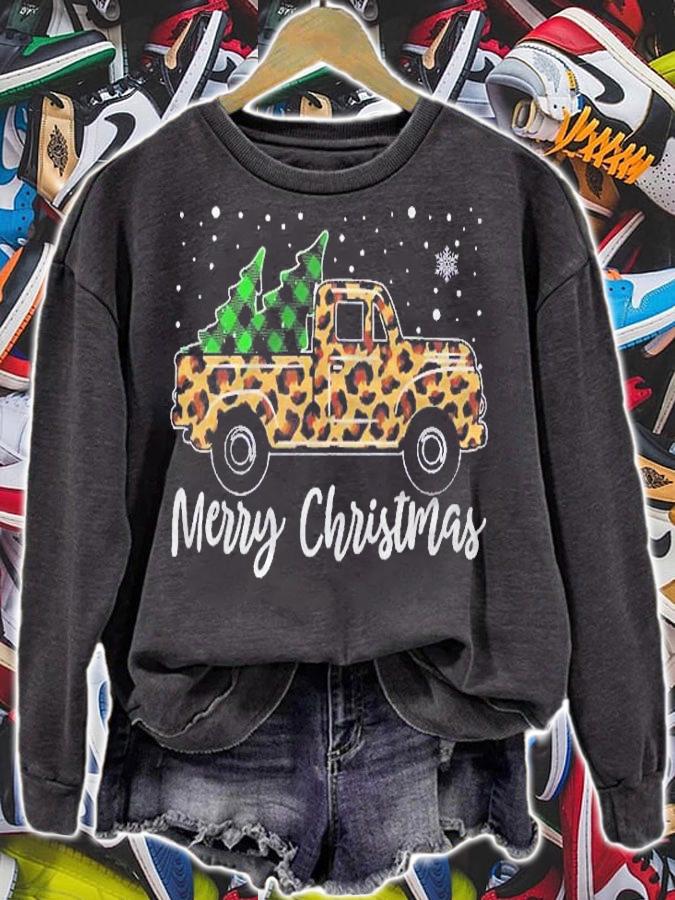 Merry Christmas Leopard Farm Truck Tree Mens Womens Pajama Shirt sweatshirt