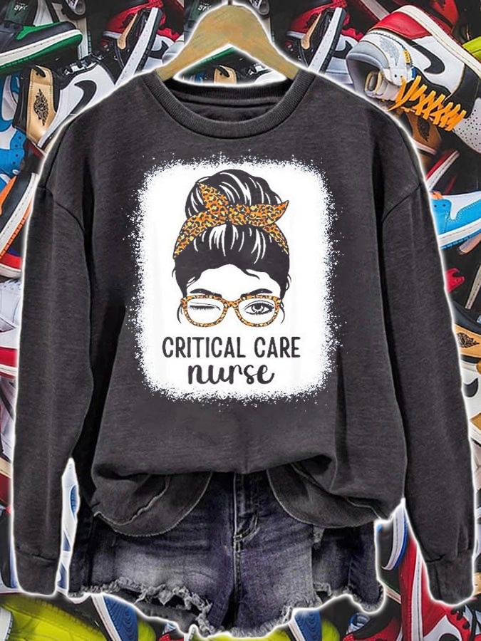 Critical Care Nurse Nursing Leopard Messy Bun Intensive Care T-Shirt sweatshirt