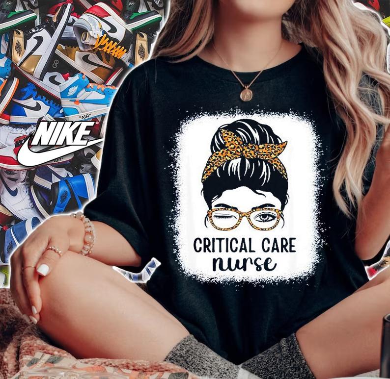 Critical Care Nurse Nursing Leopard Messy Bun Intensive Care T-Shirt woman shirt