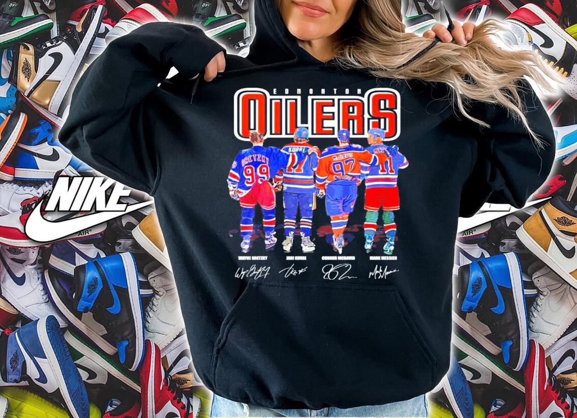 Edmonton Oilers Wayne Gretzky Jari Kurri Connor McDavid Mark Messier signatures shirt hoodie
