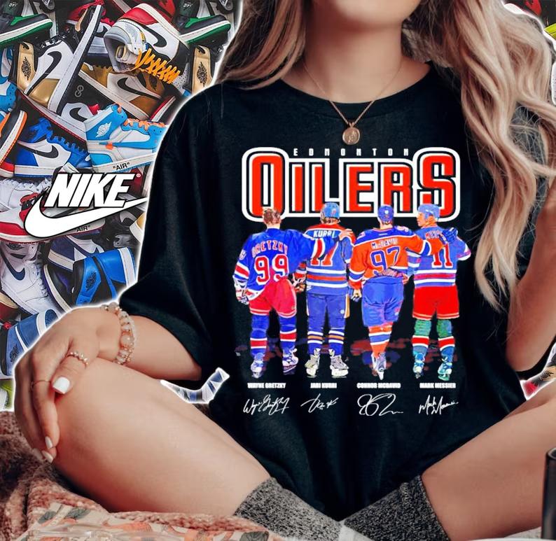 Edmonton Oilers Wayne Gretzky Jari Kurri Connor McDavid Mark Messier signatures shirt woman shirt