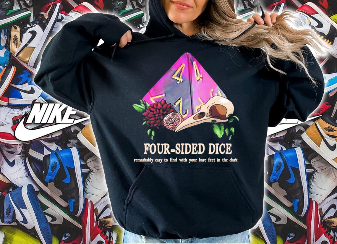 Four sided dice remarkably easy to find with your bare feet in the dark shirt