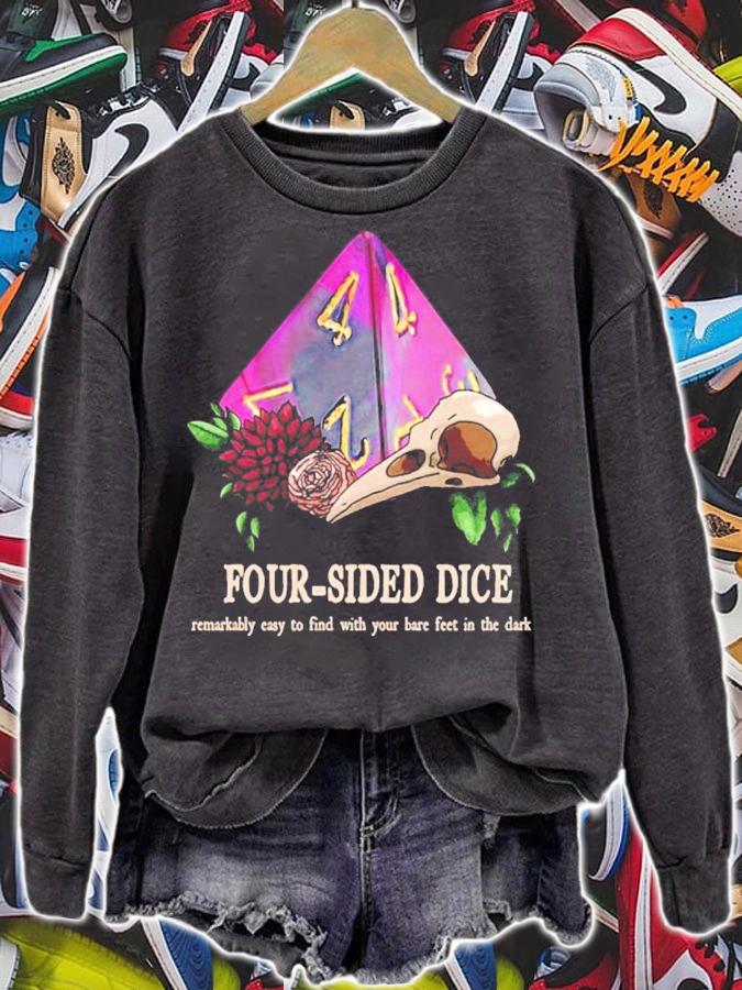 Four sided dice remarkably easy to find with your bare feet in the dark shirt