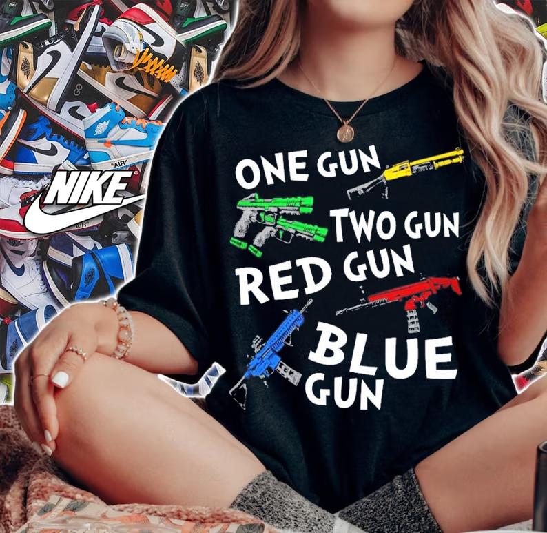 One gun two gun red gun blue gun t-shirt woman shirt