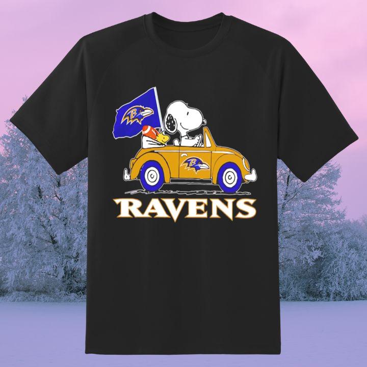 Official Baltimore Ravens Snoopy & Woodstock Volkswagen Beetle T-Shirt